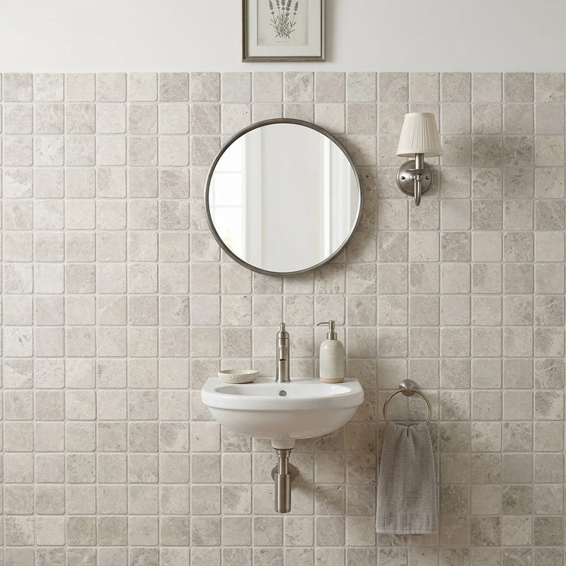 Arctic Gray 2x2 Square Tumbled Limestone Mosaic — Powder Room wall