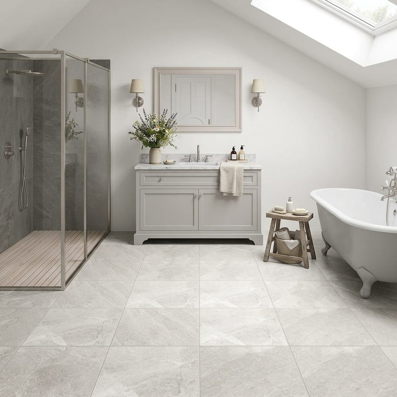 Arctic Gray Limestone Tile 12x12 Honed 3/8 inch — Bathroom floor
