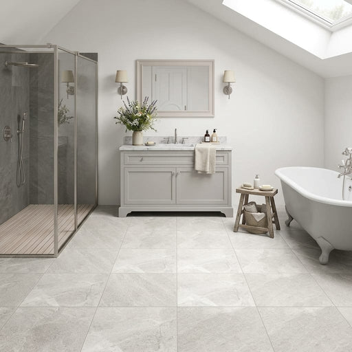 Arctic Gray Limestone Tile 12x12 Honed 3/8 inch — Bathroom floor