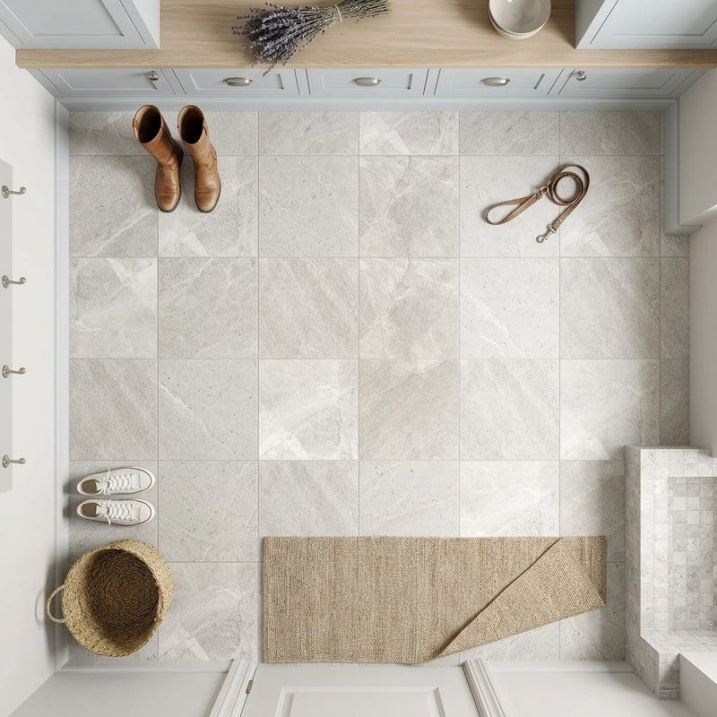 Arctic Gray Limestone Tile 12x12 Honed 3/8 inch — Mudroom floor
