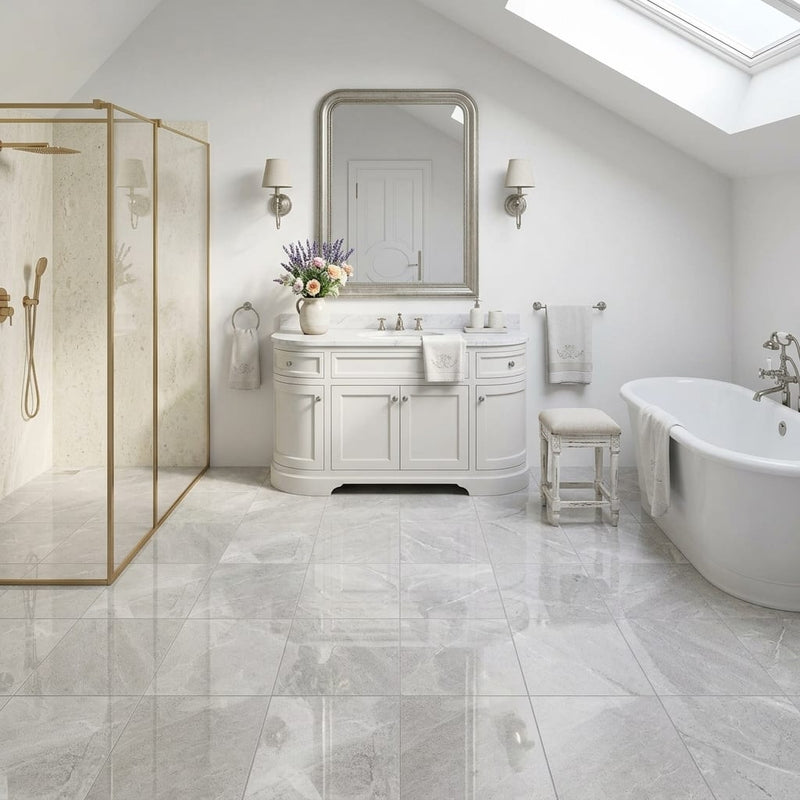 Arctic Gray Limestone Tile 12x12 Polished 3/8 inch — Bathroom floor