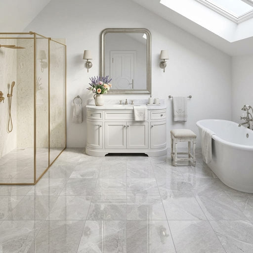 Arctic Gray Limestone Tile 12x12 Polished 3/8 inch — Bathroom floor
