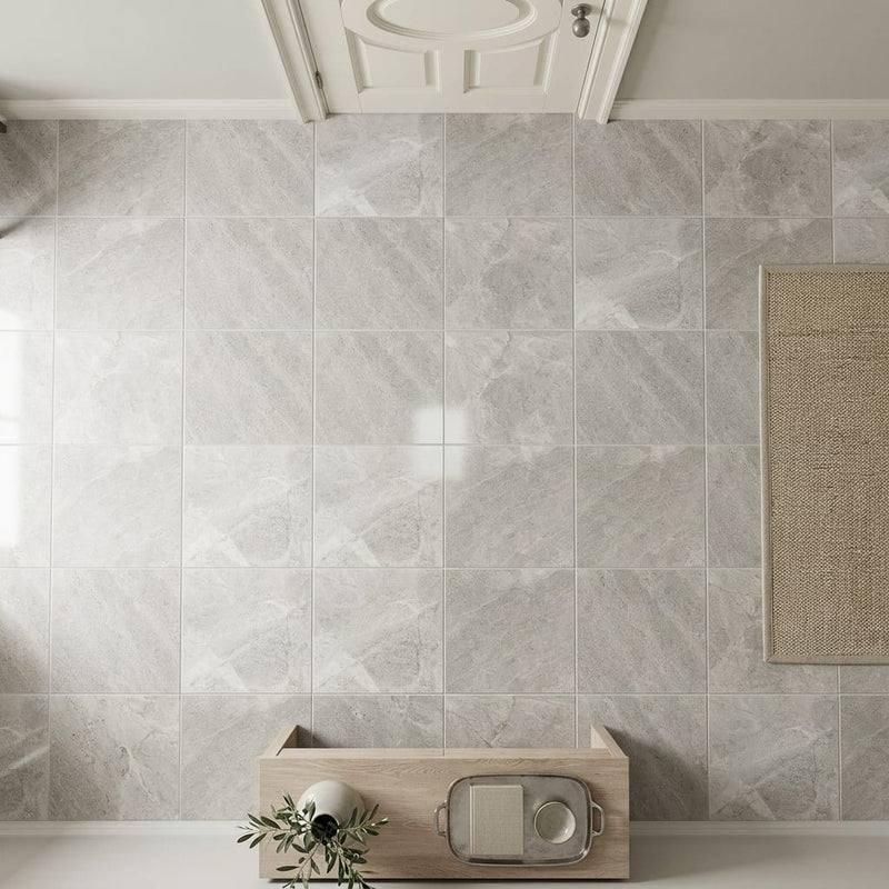 Arctic Gray Limestone Tile 12x12 Polished 3/8 inch — Hallway floor