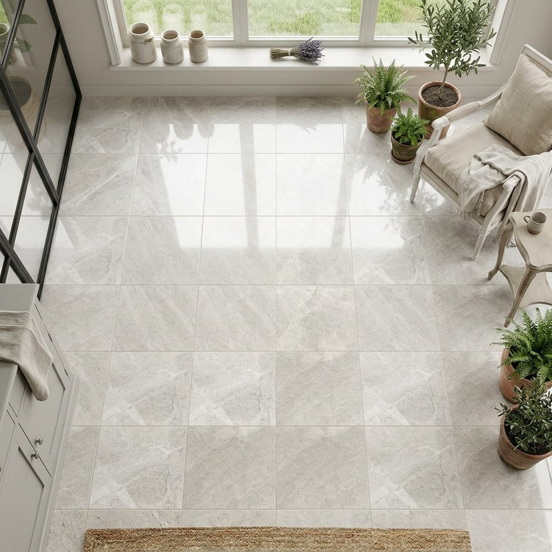 Arctic Gray Limestone Tile 12x12 Polished 3/8 inch — Sunroom floor