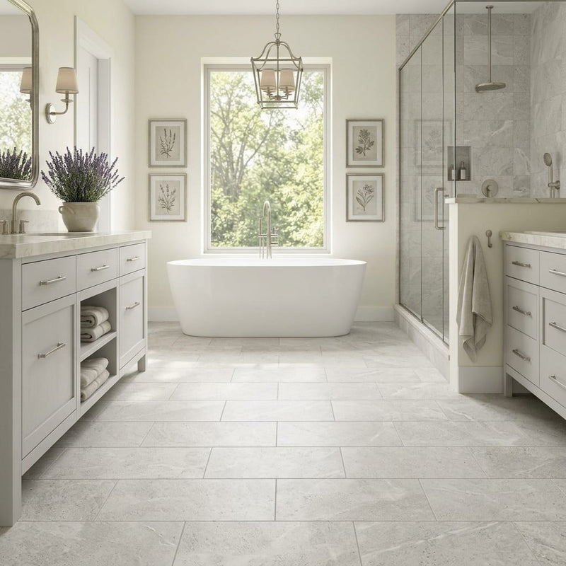 Arctic Gray Limestone Tile 12x24 Honed — Primary Bath floor