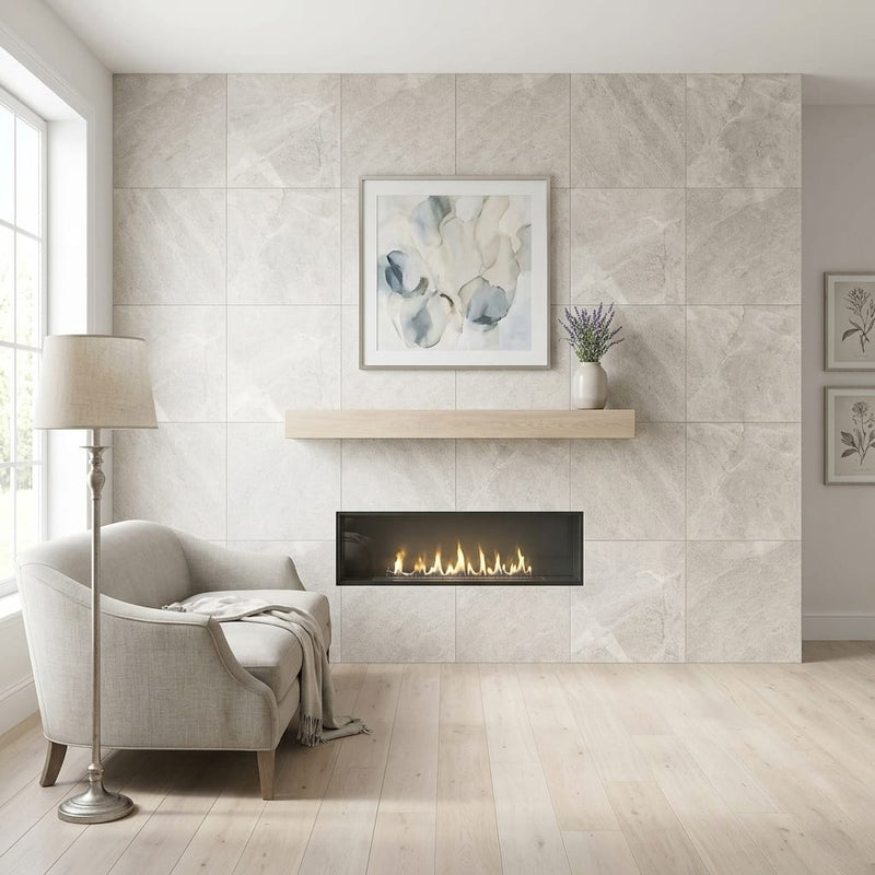 Arctic Gray Limestone Tile 24x24 Honed — Living Room feature wall
