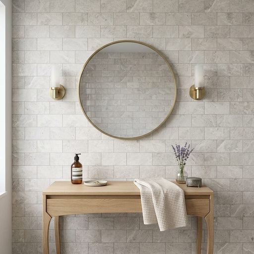 Arctic Gray Limestone Tile 3x6 Honed 3/8 inch — Bathroom wall