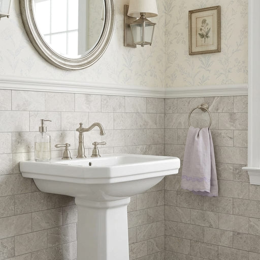 Arctic Gray Limestone Tile 3x6 Honed 3/8 inch — Powder Room wainscot
