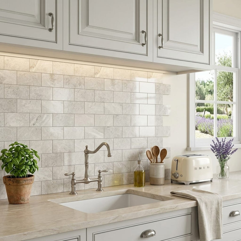 Arctic Gray Limestone Tile 3x6 Polished 3/8 inch — Kitchen backsplash