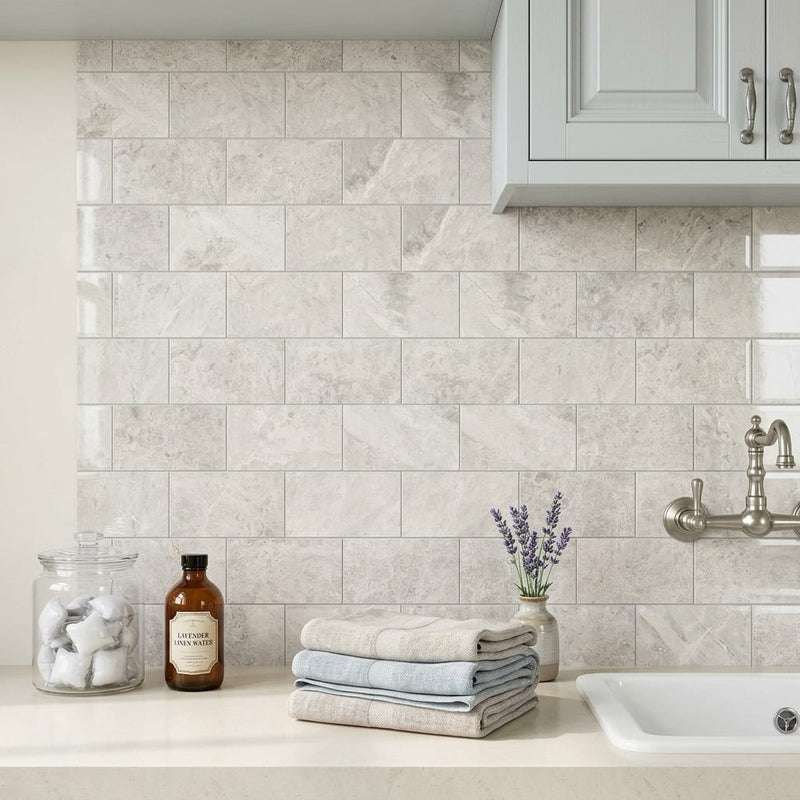 Arctic Gray Limestone Tile 3x6 Polished 3/8 inch — Laundry Room backsplash