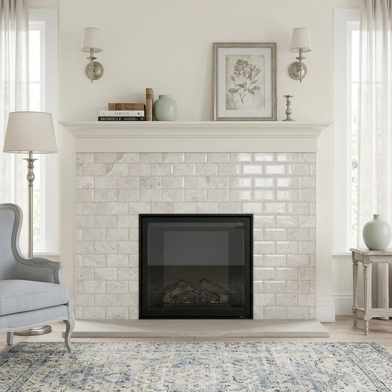 Arctic Gray Limestone Tile 3x6 Polished 3/8 inch — Living Room fireplace surround