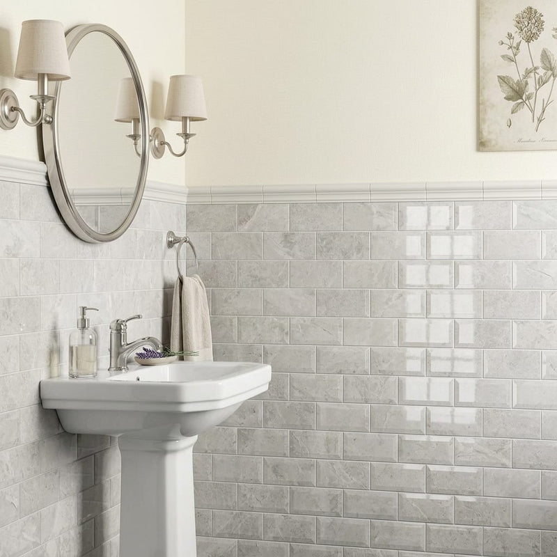 Arctic Gray Limestone Tile 3x6 Polished 3/8 inch — Powder Room wainscot