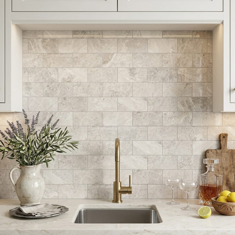 Arctic Gray Limestone Tile 3x6 Polished 3/8 inch — Wet Bar backsplash