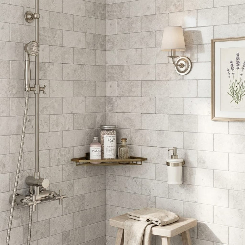 Arctic Gray Limestone Tile 3x6 Tumbled 3/8 inch — Bathroom shower wall