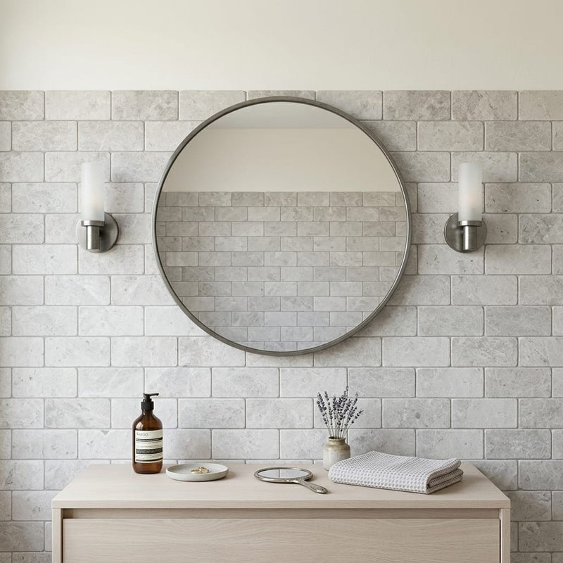 Arctic Gray Limestone Tile 3x6 Tumbled 3/8 inch — Bathroom wall