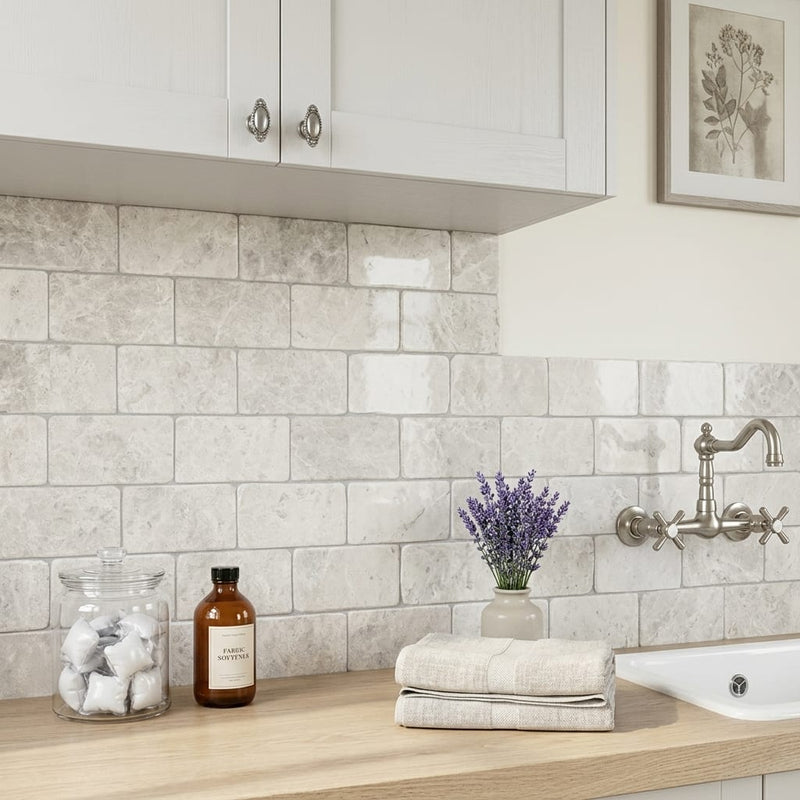 Arctic Gray Limestone Tile 3x6 Tumbled 3/8 inch — Laundry Room backsplash