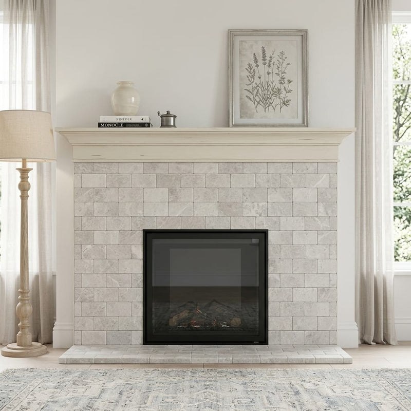 Arctic Gray Limestone Tile 3x6 Tumbled 3/8 inch — Living Room fireplace surround