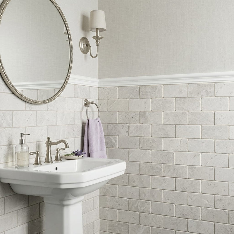 Arctic Gray Limestone Tile 3x6 Tumbled 3/8 inch — Powder Room wainscot