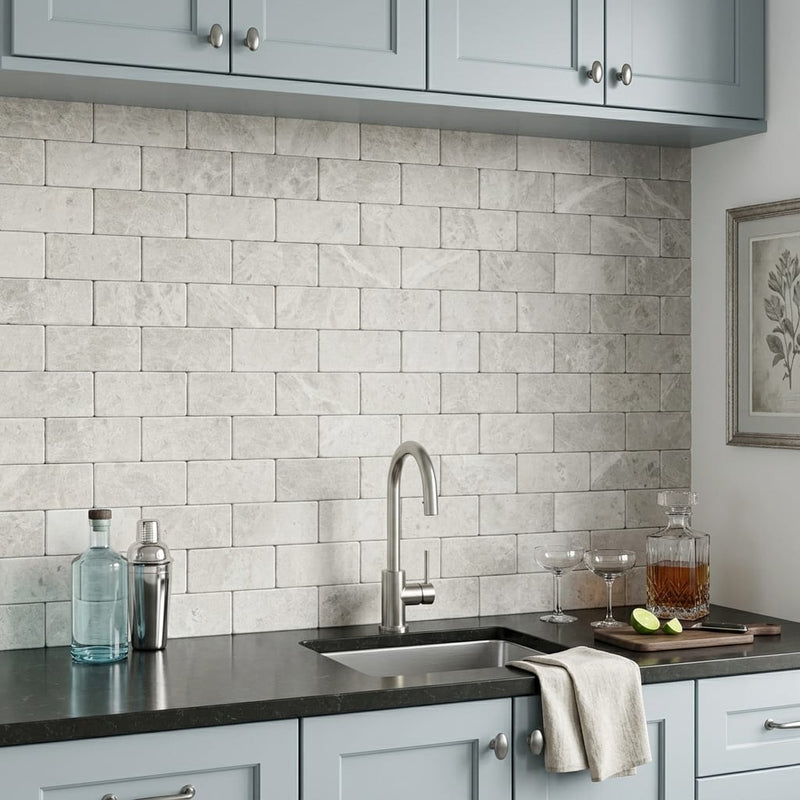 Arctic Gray Limestone Tile 3x6 Tumbled 3/8 inch — Wet Bar backsplash