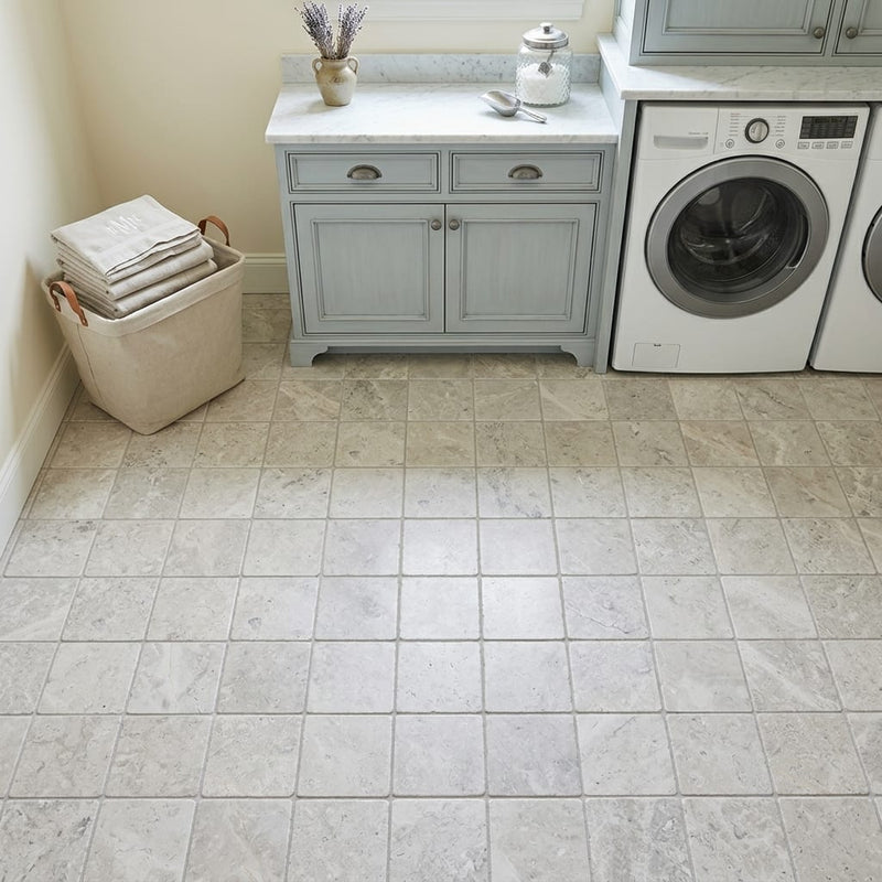 Arctic Gray Limestone Tile 6x6 Tumbled 3/8 inch — Laundry Room floor