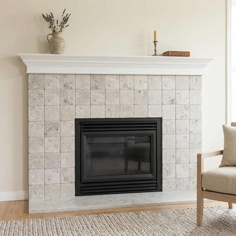 Arctic Gray Limestone Tile 6x6 Tumbled 3/8 inch — Living Room fireplace surround