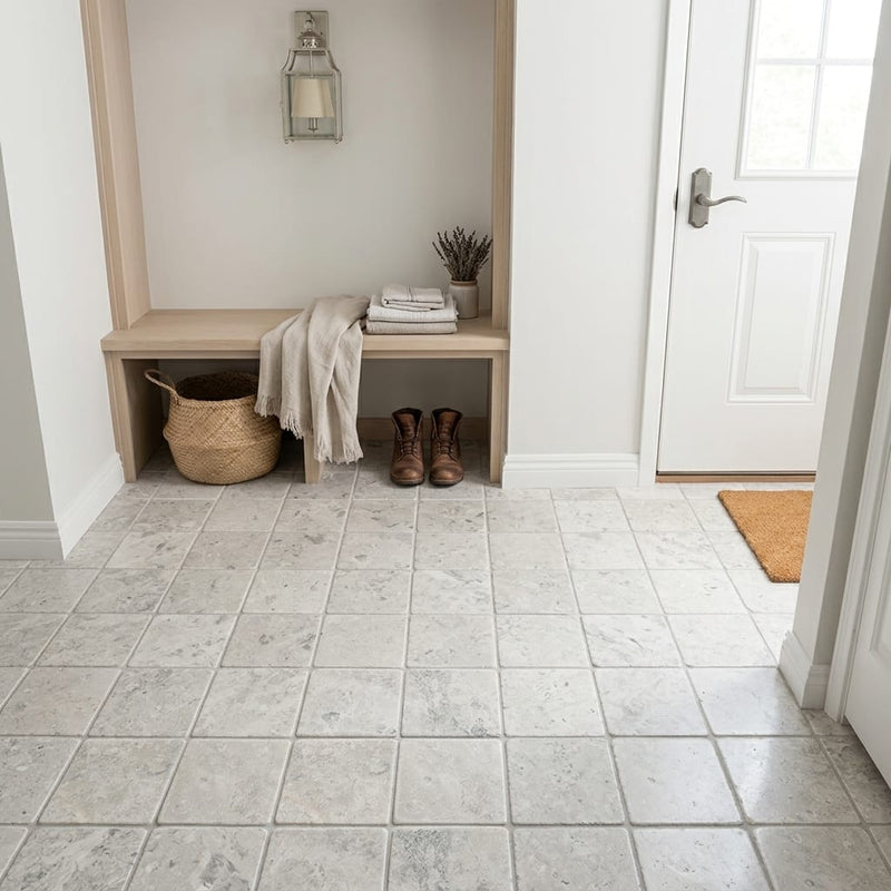 Arctic Gray Limestone Tile 6x6 Tumbled 3/8 inch — Mudroom floor