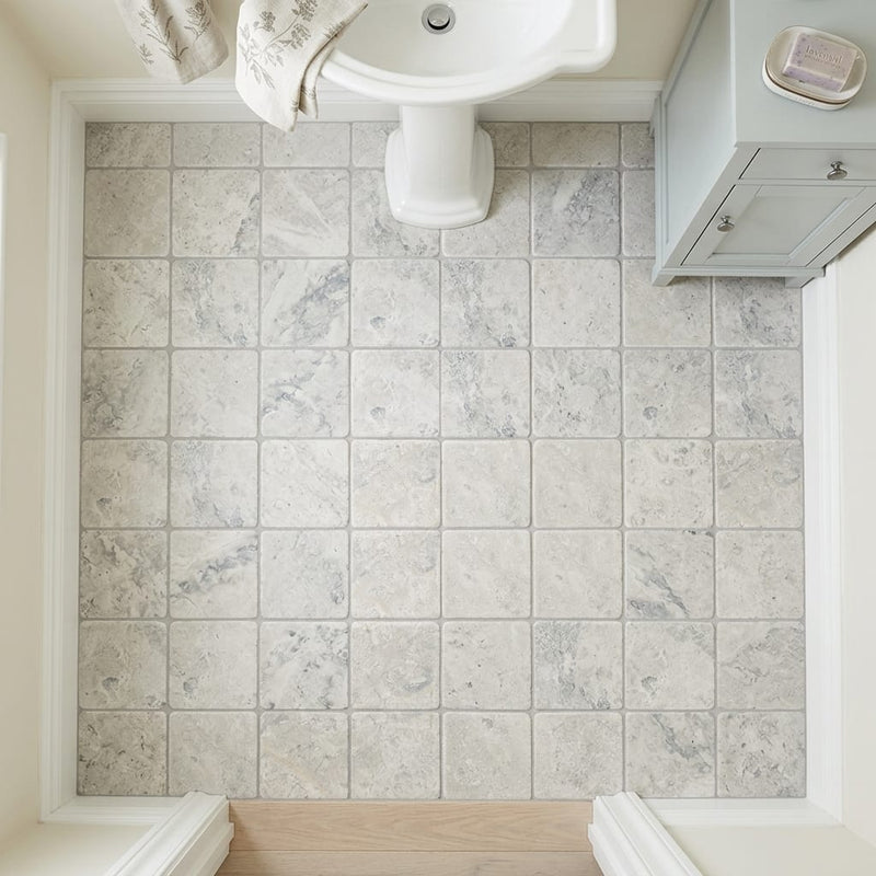 Arctic Gray Limestone Tile 6x6 Tumbled 3/8 inch — Powder Room floor