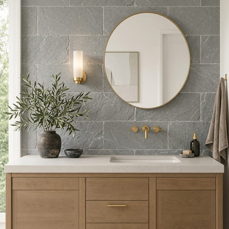 Arctic Mist Quartzite Natural 10 x 24 x 2 Quartzite Wall Cap Cap 12x24 tile — Bathroom vanity wall