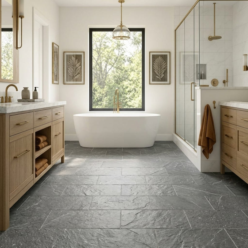 Arctic Mist Quartzite Natural 10 x 24 x 2 Quartzite Wall Cap Cap 12x24 tile — Primary Bath floor