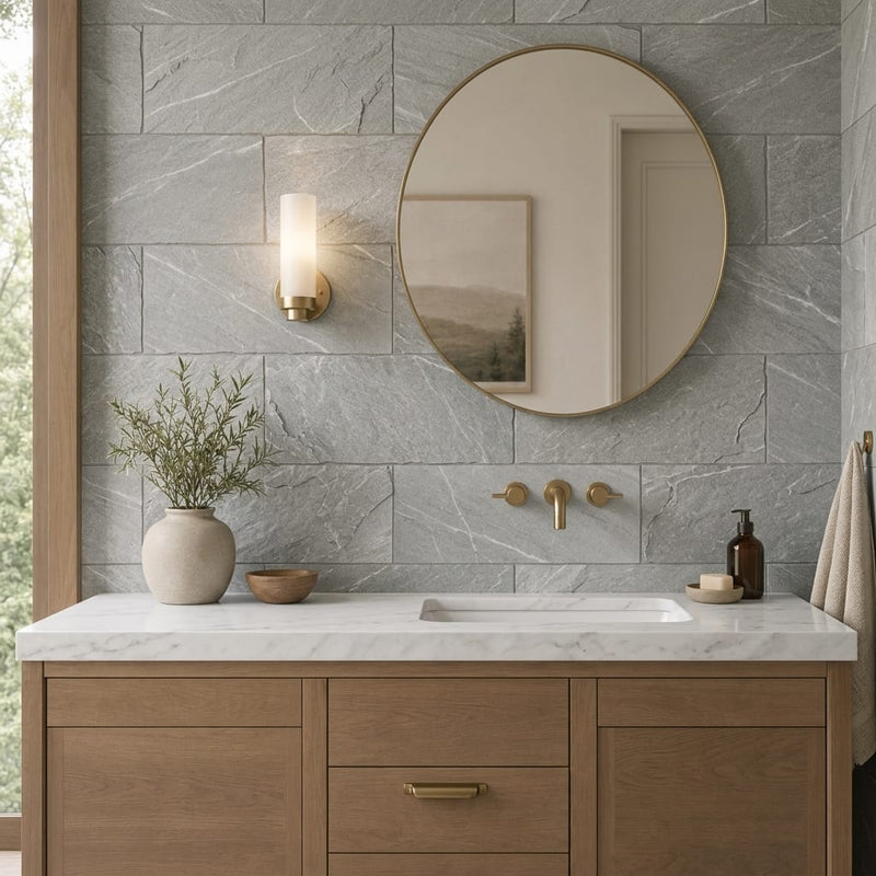 Arctic Mist Quartzite Natural 12 x 24 x 2 Quartzite Wall Cap Cap 12x24 tile — Bathroom vanity wall