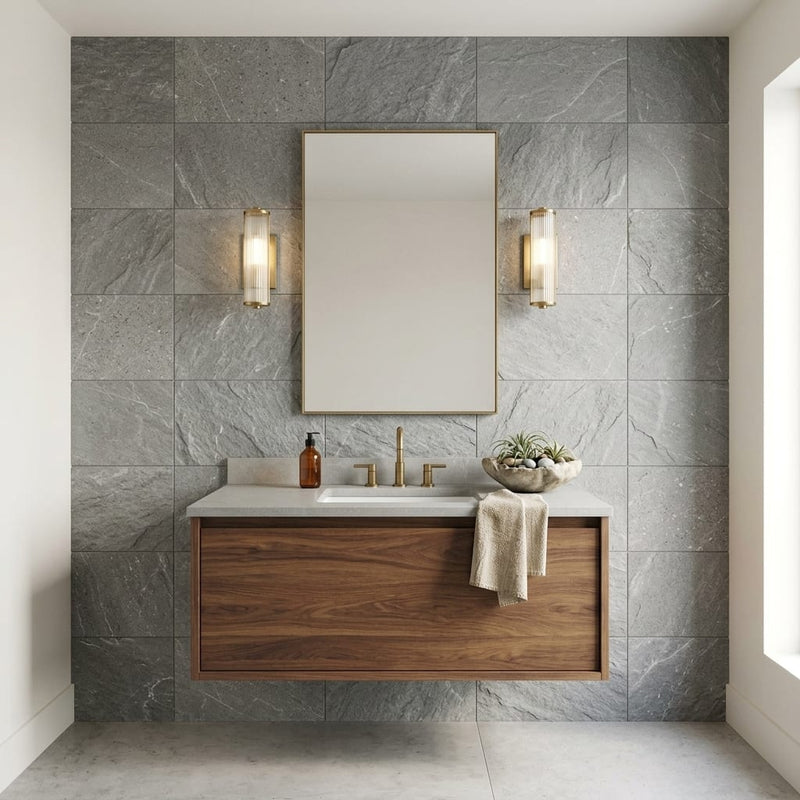 Arctic Mist Quartzite Natural 16 x 24 x 2 Quartzite Wall Cap Cap 16x24 tile — Bathroom vanity wall