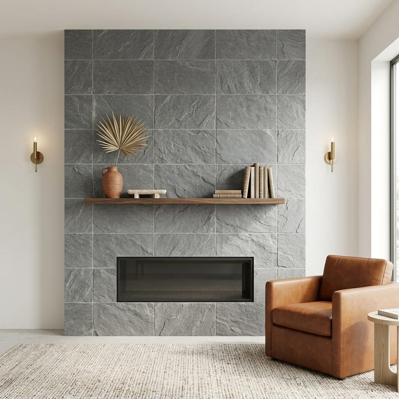 Arctic Mist Quartzite Natural 16 x 24 x 2 Quartzite Wall Cap Cap 16x24 tile — Living Room fireplace surround