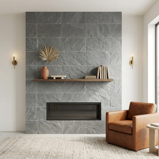 Arctic Mist Quartzite Natural 16 x 24 x 2 Quartzite Wall Cap Cap 16x24 tile — Living Room fireplace surround