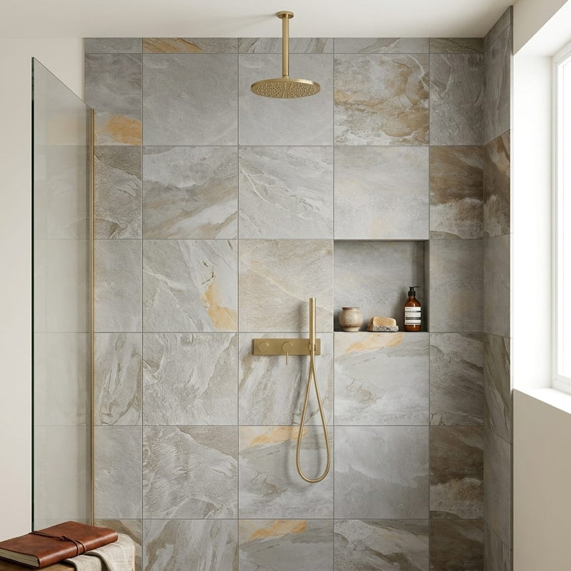 Arctic Mist Quartzite Natural 24 x 24 x 2 Quartzite Column Cap Cap 24x24 tile — Bathroom shower wall