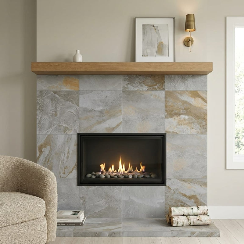 Arctic Mist Quartzite Natural 24 x 24 x 2 Quartzite Column Cap Cap 24x24 tile — Living Room fireplace surround