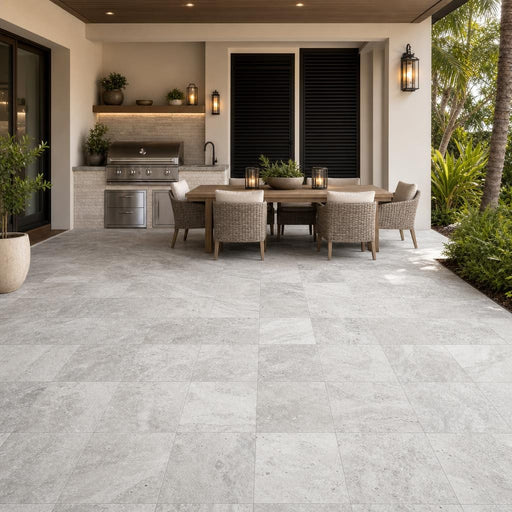 Arctic Silver 12x12 Tumbled Travertine Paver — Backyard patio