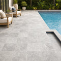 Arctic Silver 12x12 Tumbled Travertine Paver — Backyard pool deck