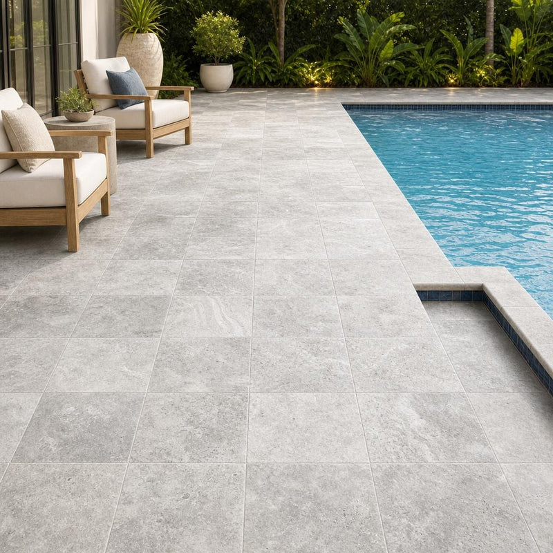 Arctic Silver 12x12 Tumbled Travertine Paver — Backyard pool deck