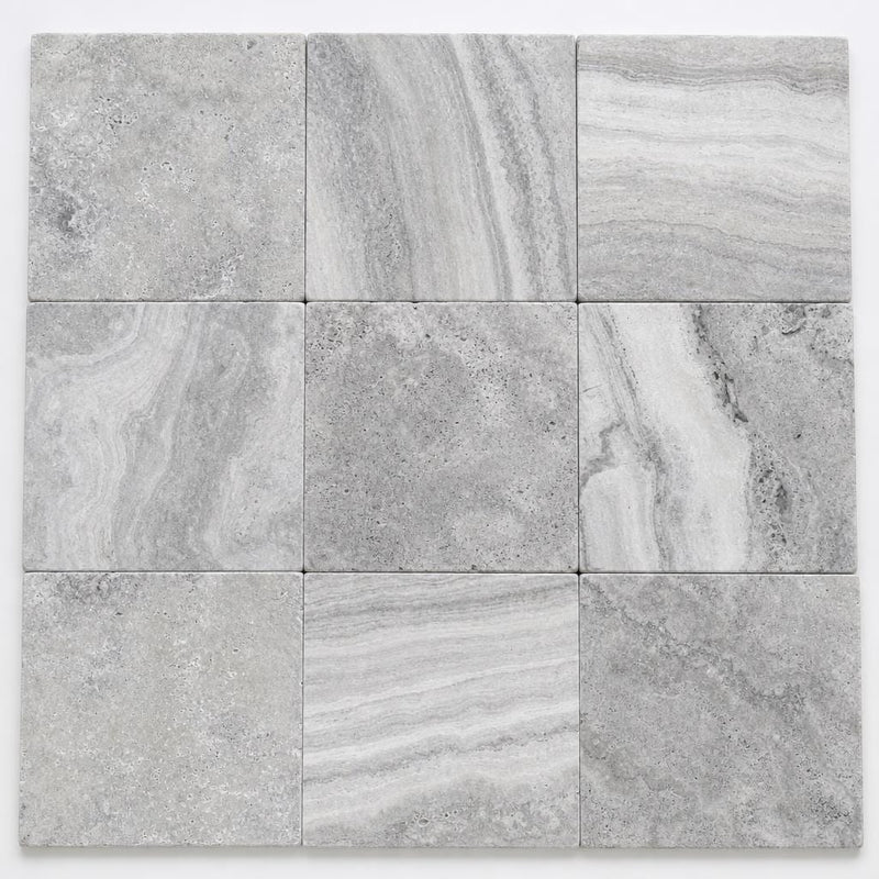 Arctic Silver 12x12 Tumbled Travertine Paver close-up