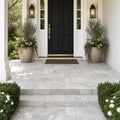 Arctic Silver 12x12 Tumbled Travertine Paver — Front Yard front porch