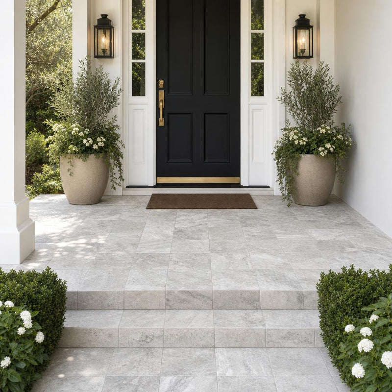 Arctic Silver 12x12 Tumbled Travertine Paver — Front Yard front porch