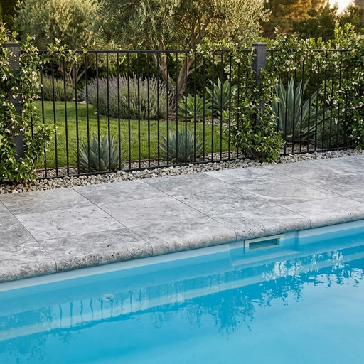 Arctic Silver 12x12 Tumbled Travertine Single Bullnose Pool Coping — Swimming Pool pool edge drop-face coping
