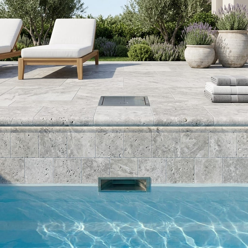 Arctic Silver 12x12 Tumbled Travertine Single Bullnose Pool Coping — Swimming Pool remodel pool edge