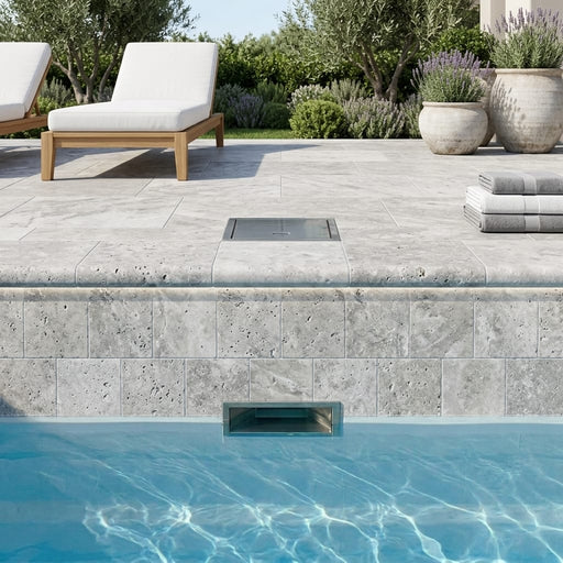 Arctic Silver 12x12 Tumbled Travertine Single Bullnose Pool Coping — Swimming Pool remodel pool edge