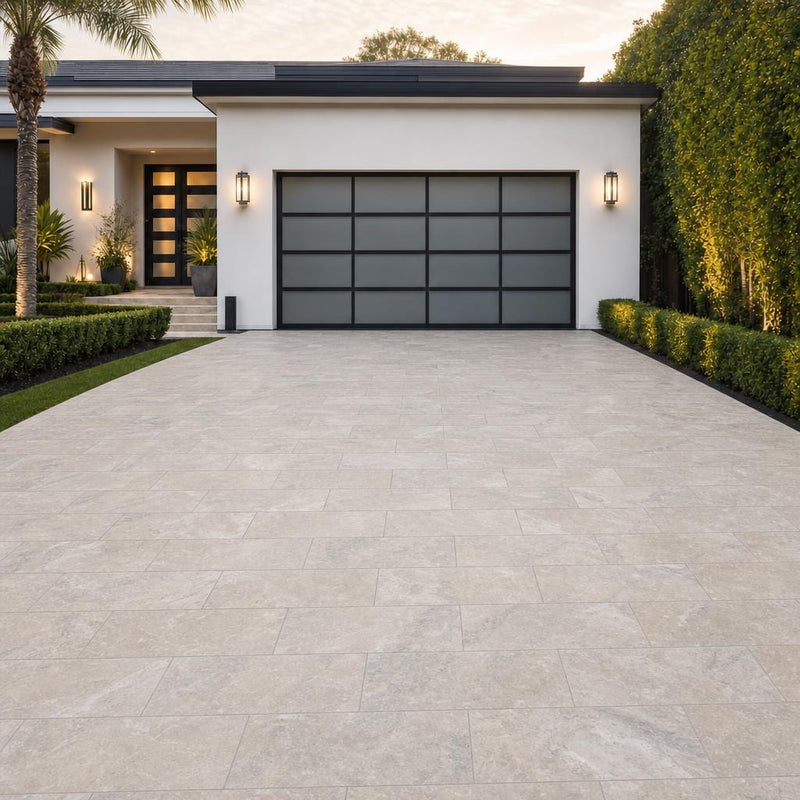 Arctic Silver 12x24 Tumbled Travertine Paver — Front Yard driveway