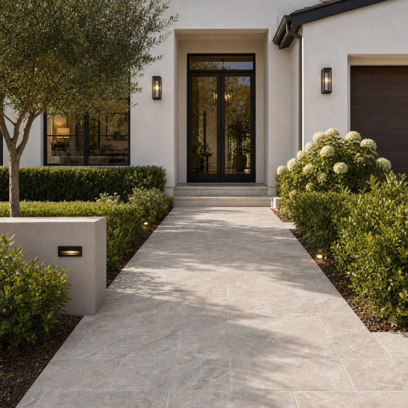 Arctic Silver 12x24 Tumbled Travertine Paver — Front Yard walkway