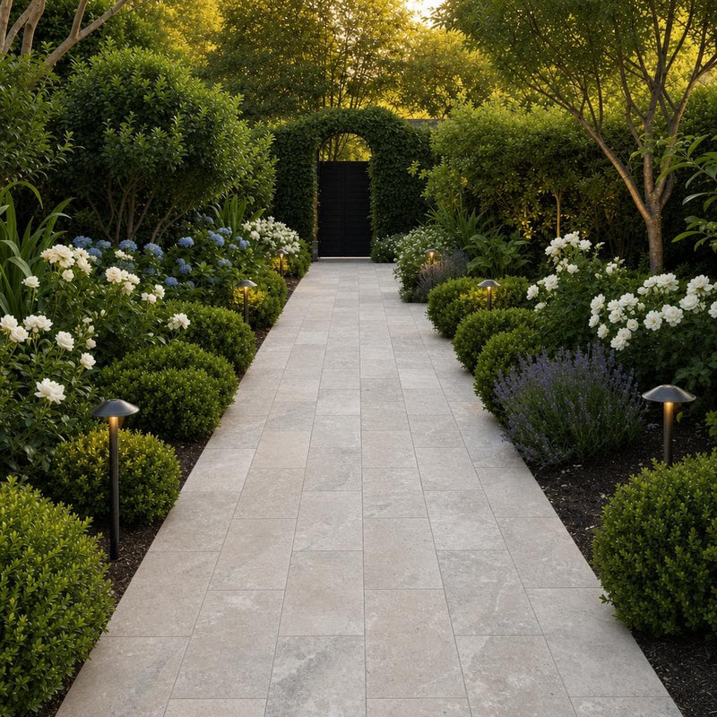 Arctic Silver 12x24 Tumbled Travertine Paver — Garden path