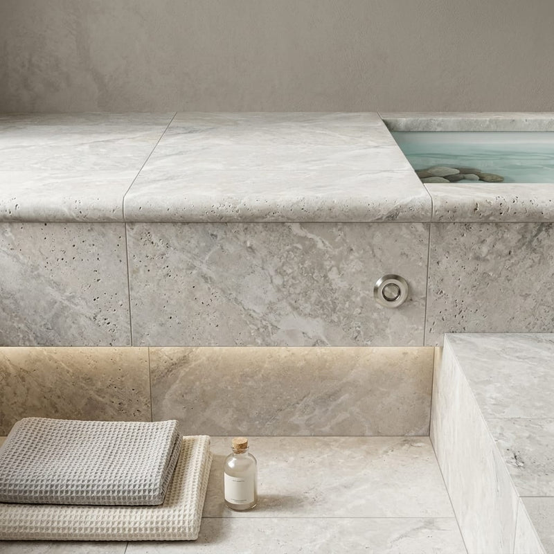 Arctic Silver 12x24 Tumbled Travertine Single Bullnose Pool Coping — Spa spa overhang edge