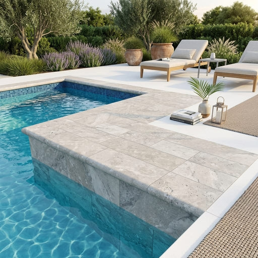 Arctic Silver 12x24 Tumbled Travertine Single Bullnose Pool Coping — Swimming Pool pool edge drop-face coping