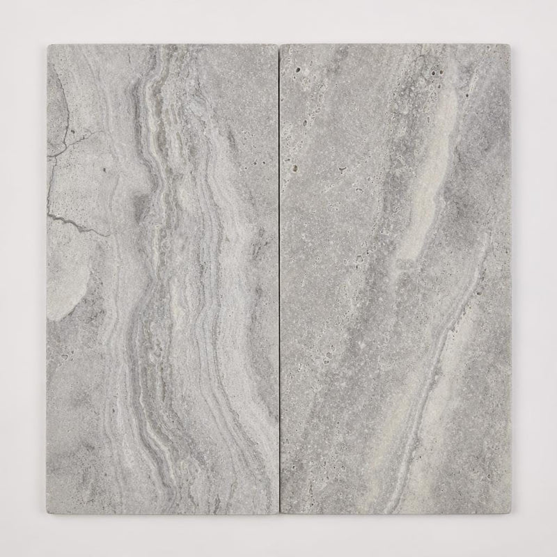 Arctic Silver 12x24x2 Tumbled Travertine Paver close-up